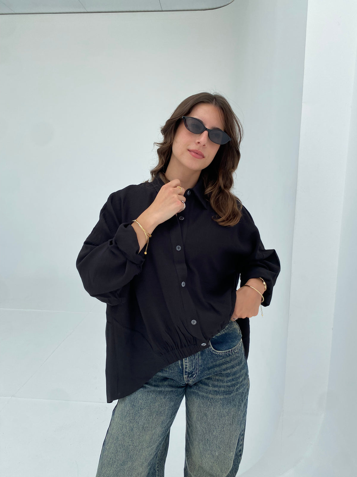 Black oversized shirt with gathered waist