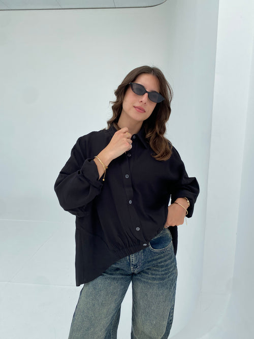 Black oversized shirt with gathered waist