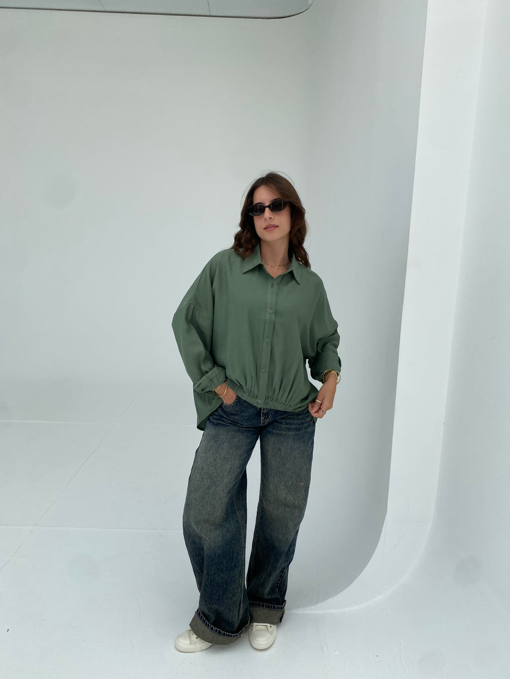 Olive oversized shirt with gathered waist