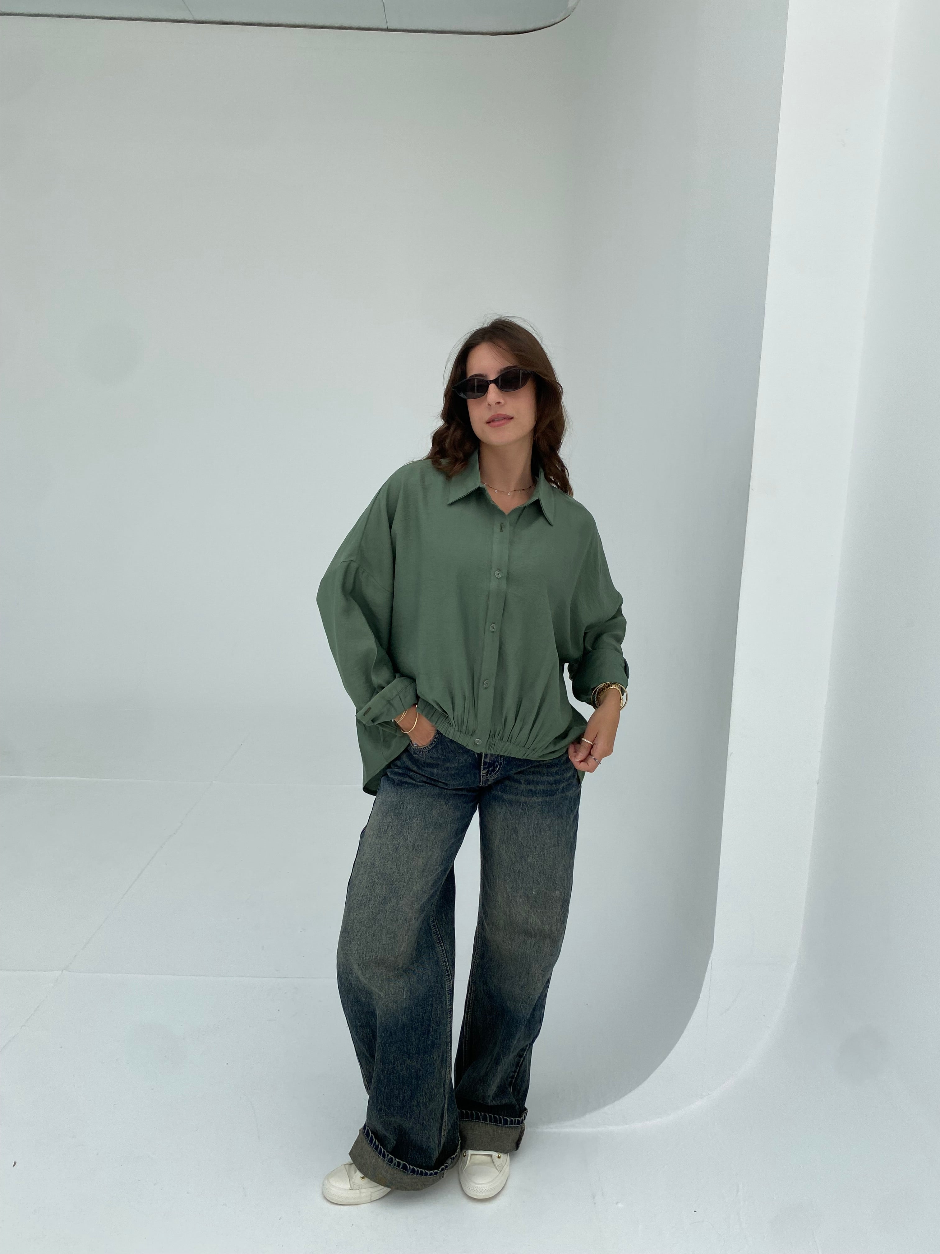 Olive oversized shirt with gathered waist