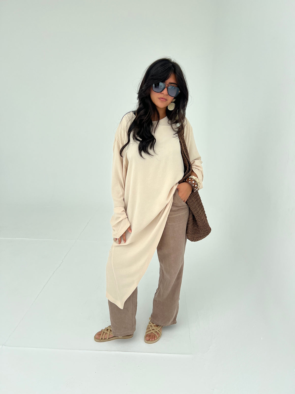 Cream Asymmetric Long Top