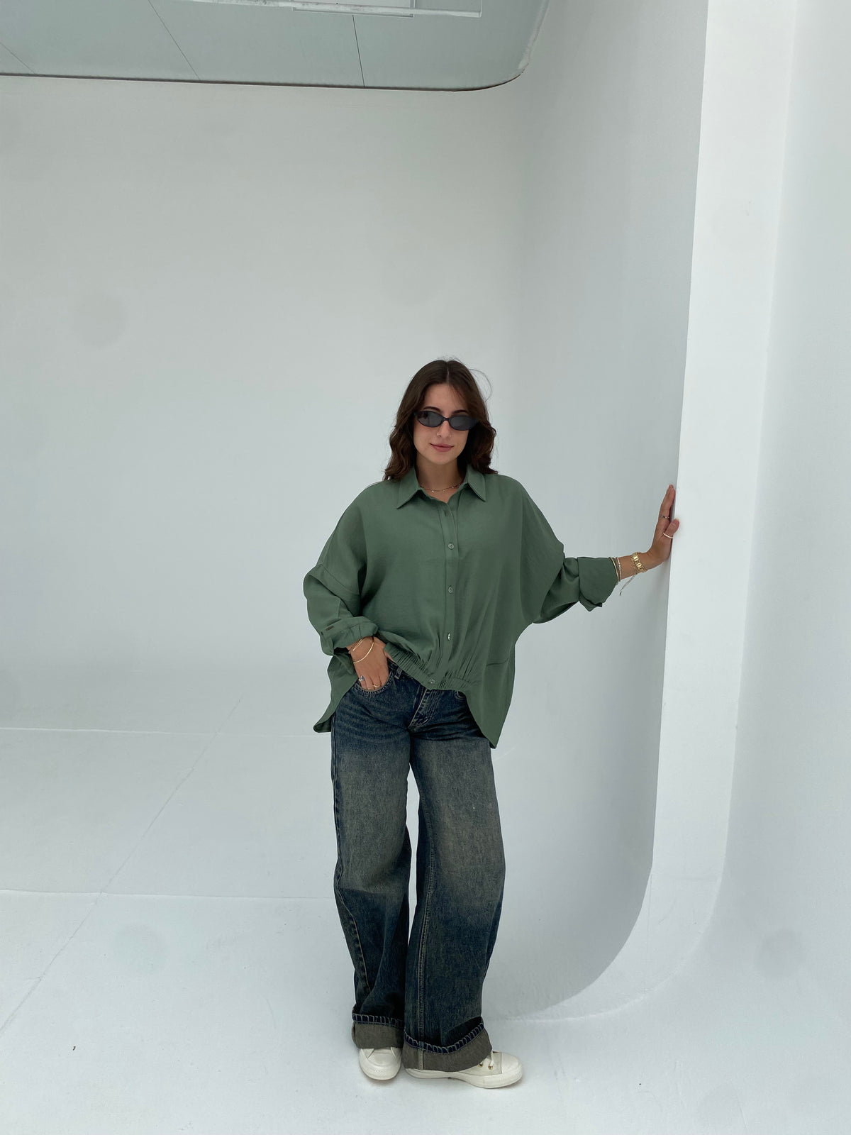 Olive oversized shirt with gathered waist