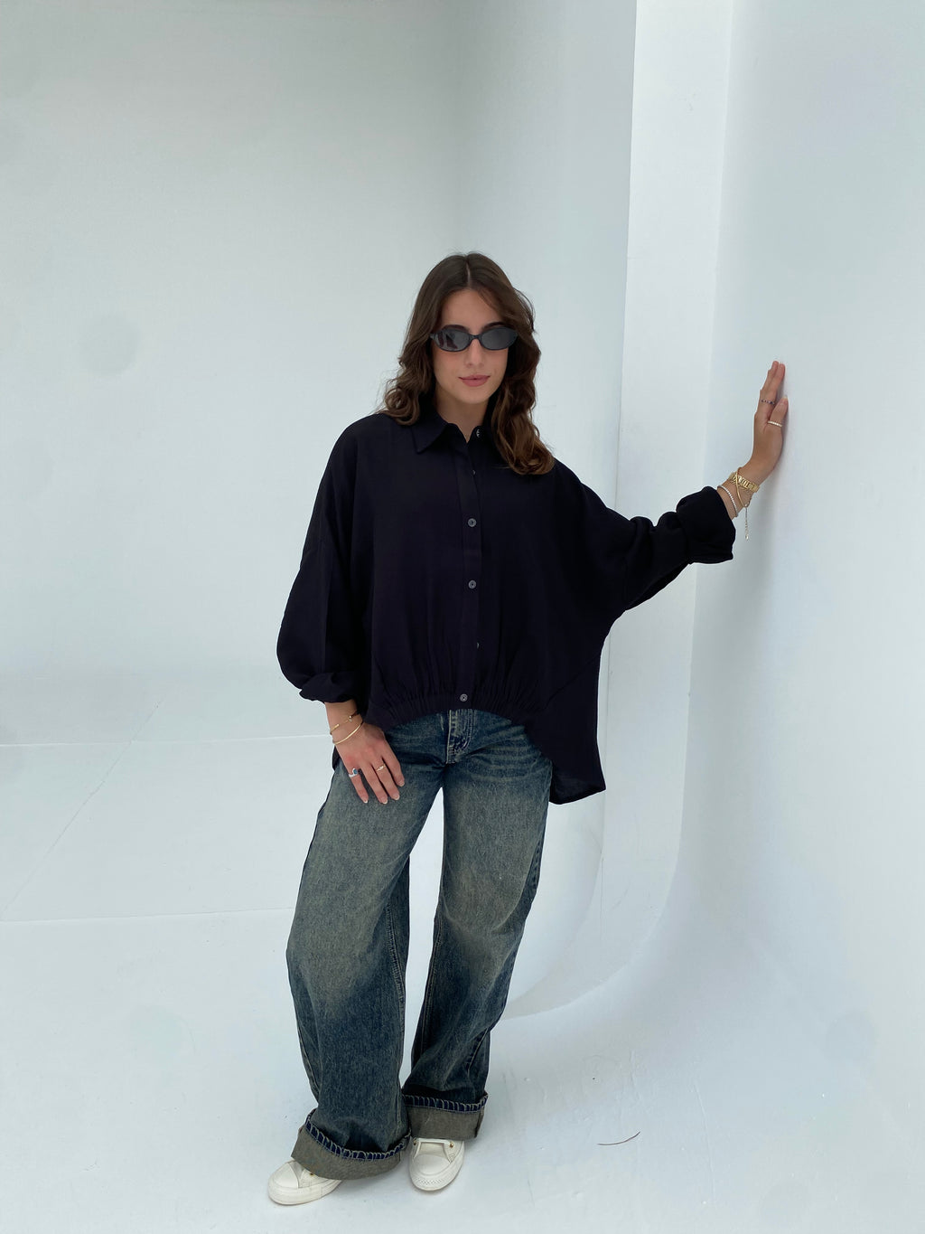 Black oversized shirt with gathered waist
