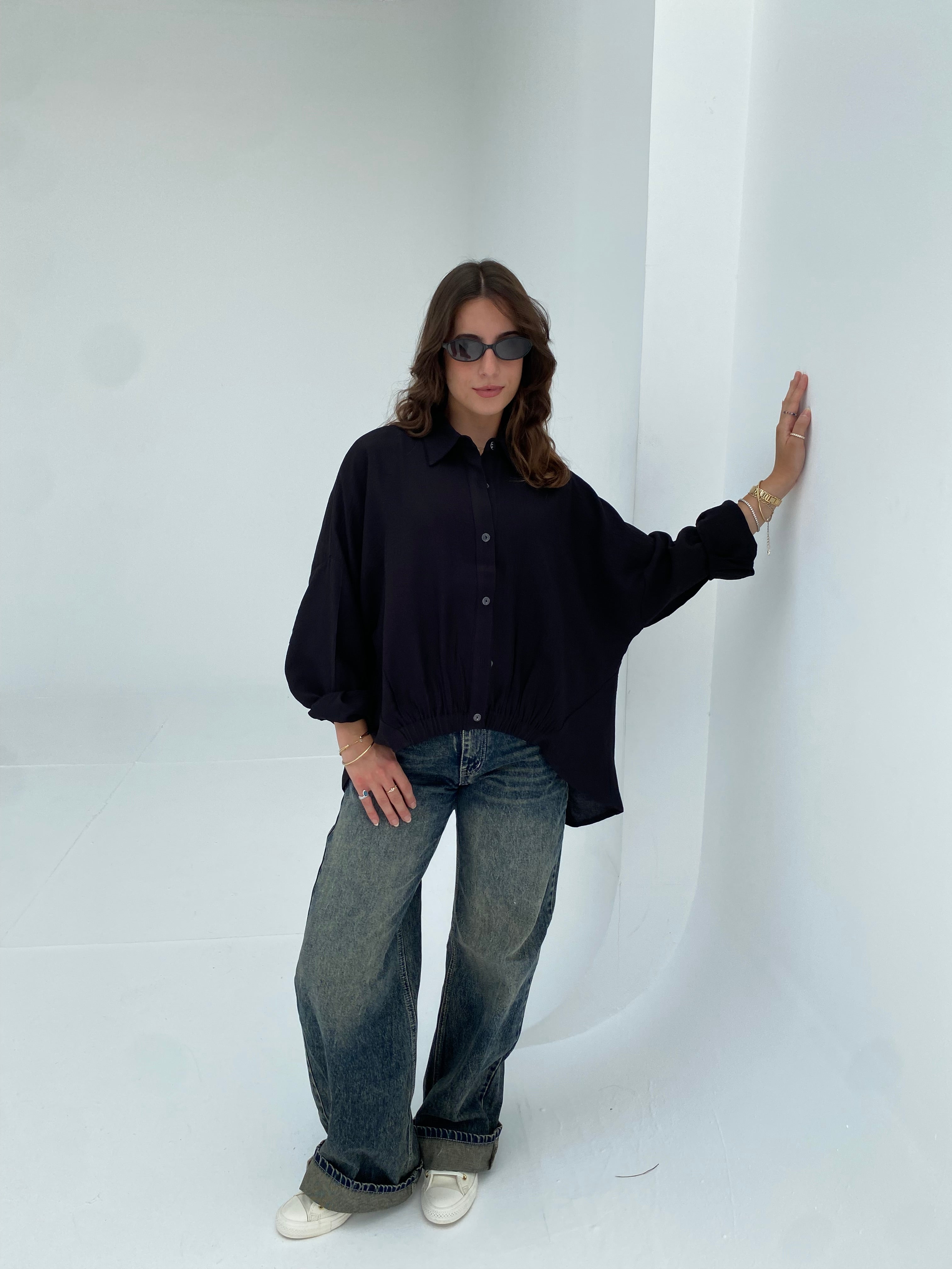 Black oversized shirt with gathered waist