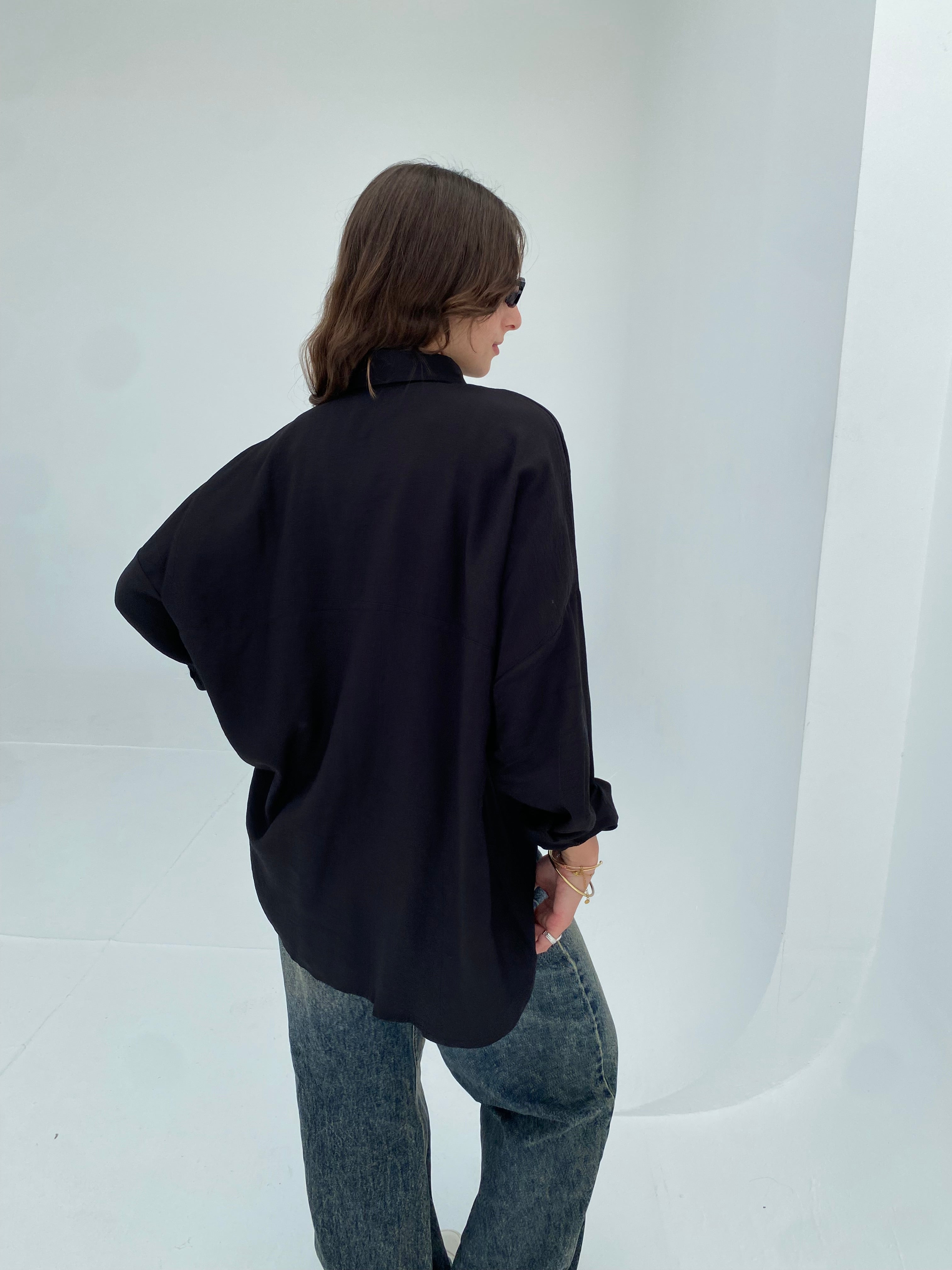 Black oversized shirt with gathered waist