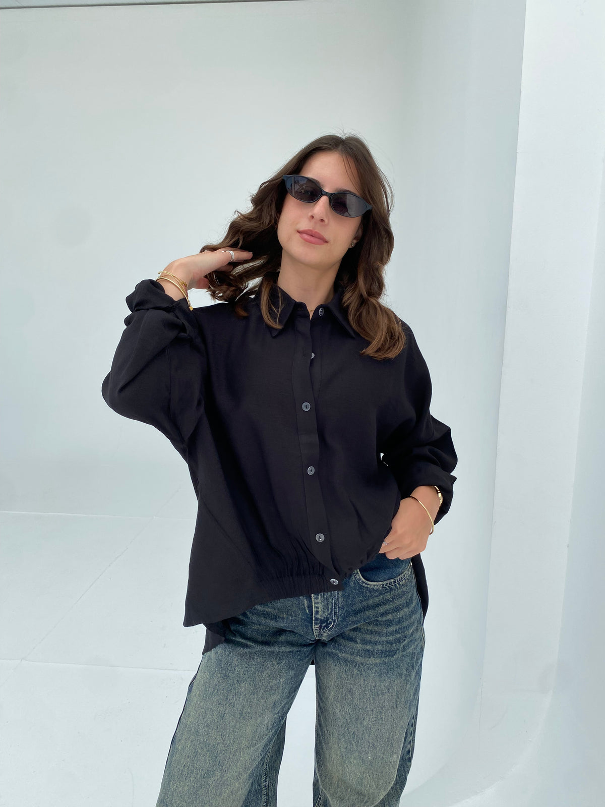 Black oversized shirt with gathered waist