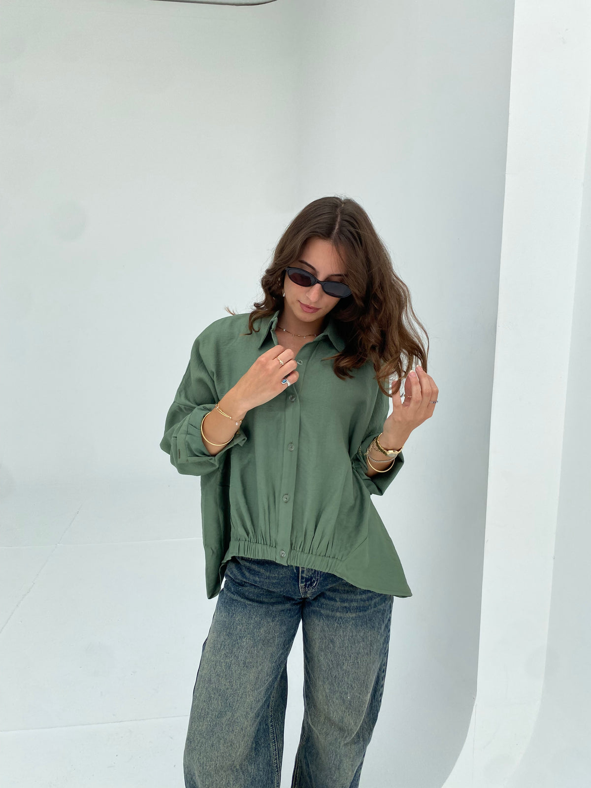 Olive oversized shirt with gathered waist