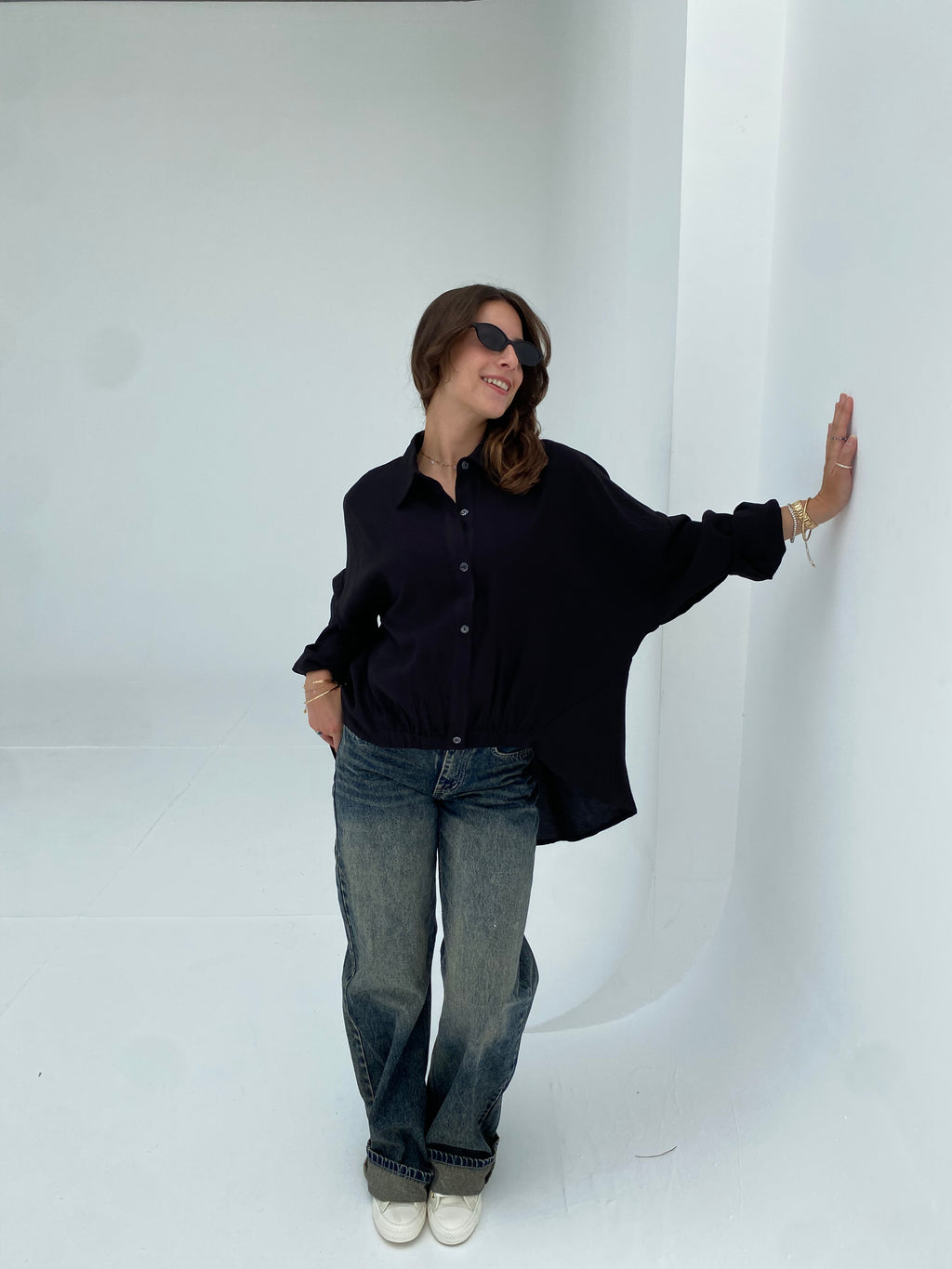 Black oversized shirt with gathered waist