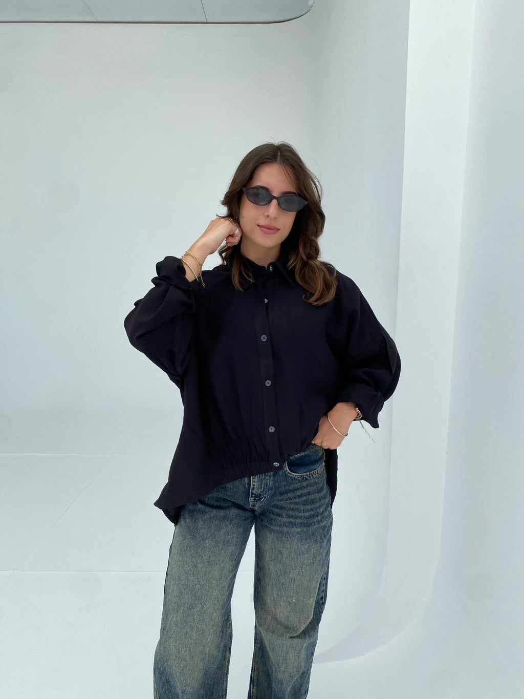 Black oversized shirt with gathered waist