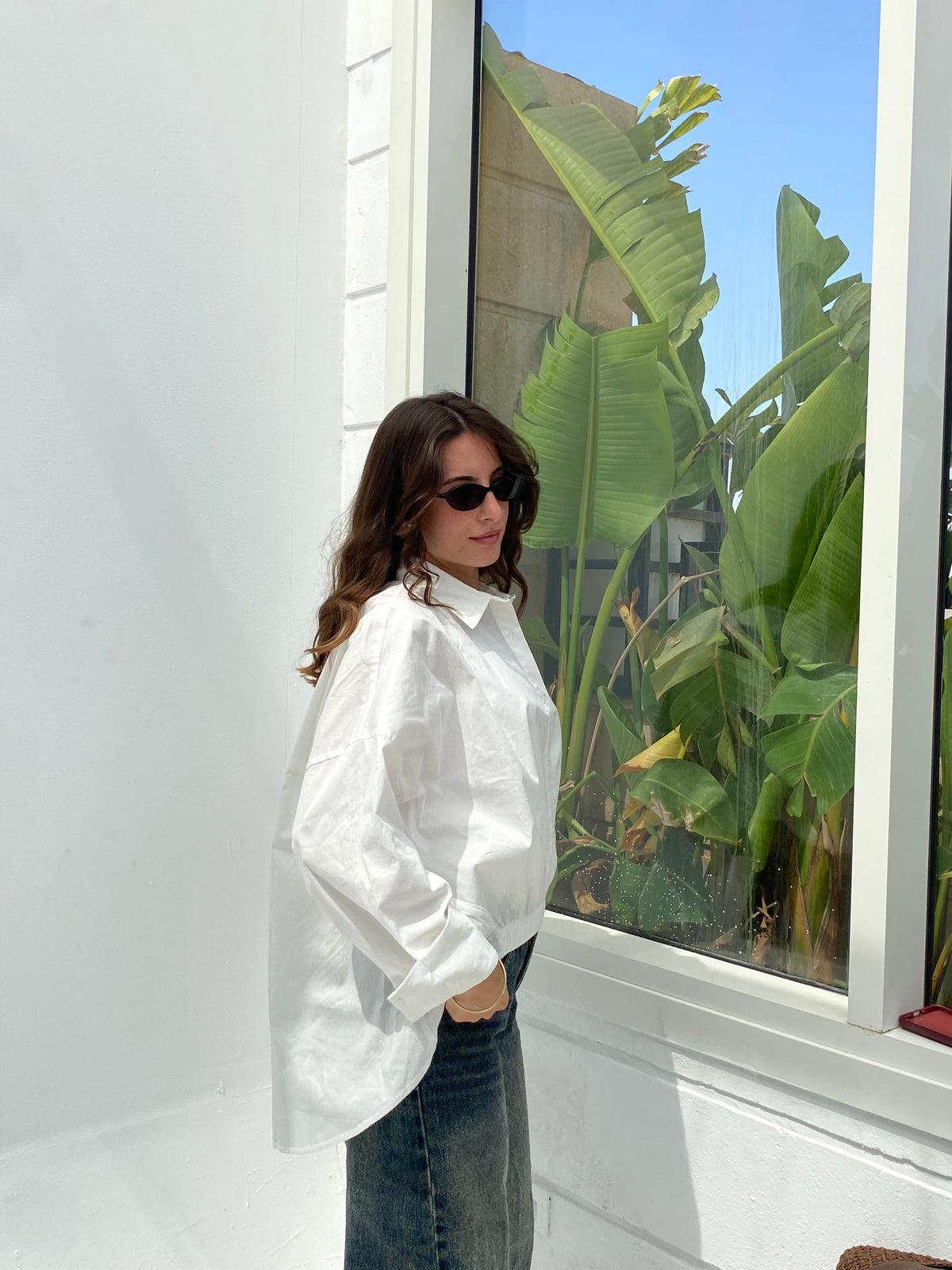 White oversized shirt with gathered waist