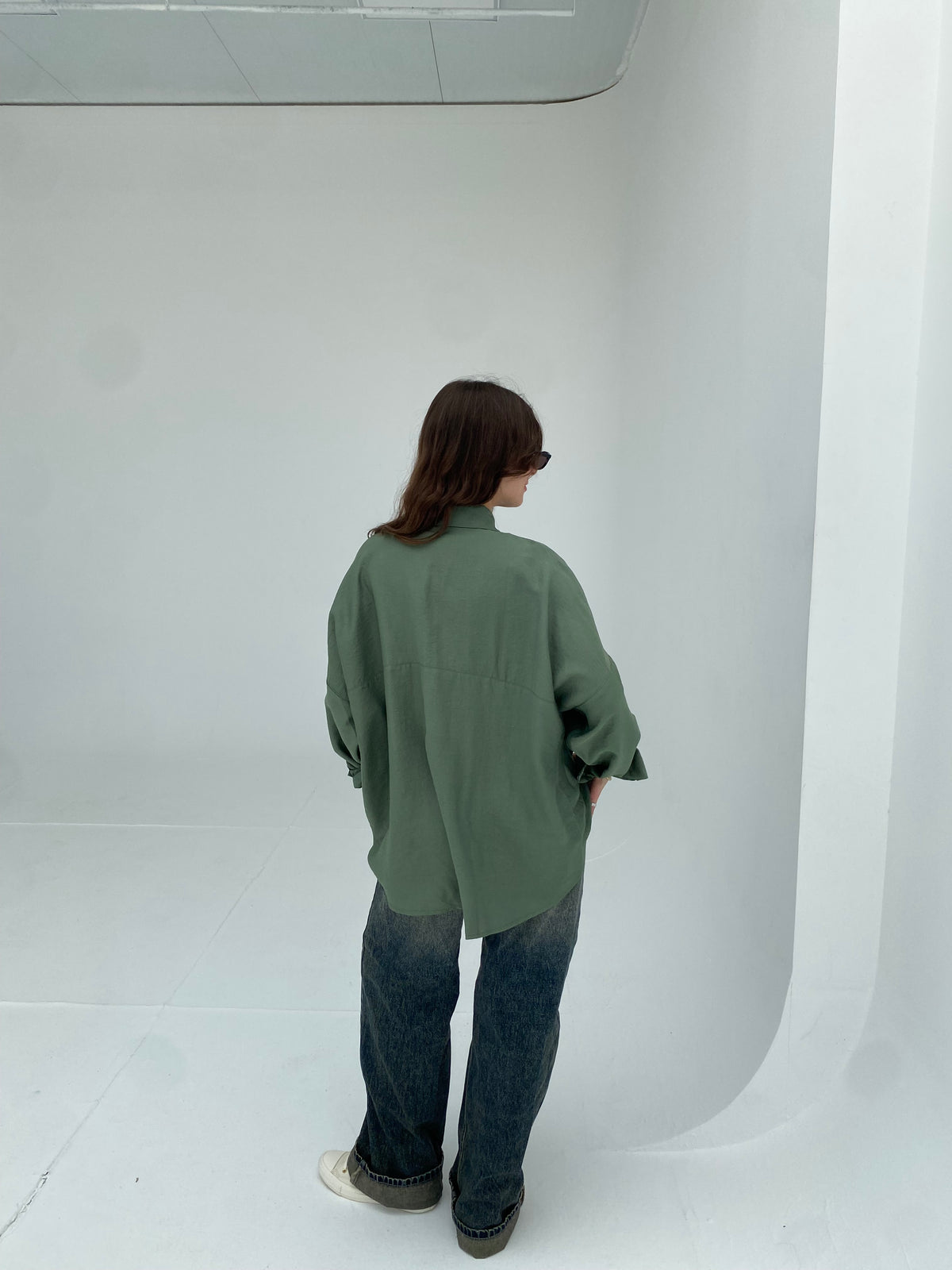 Olive oversized shirt with gathered waist