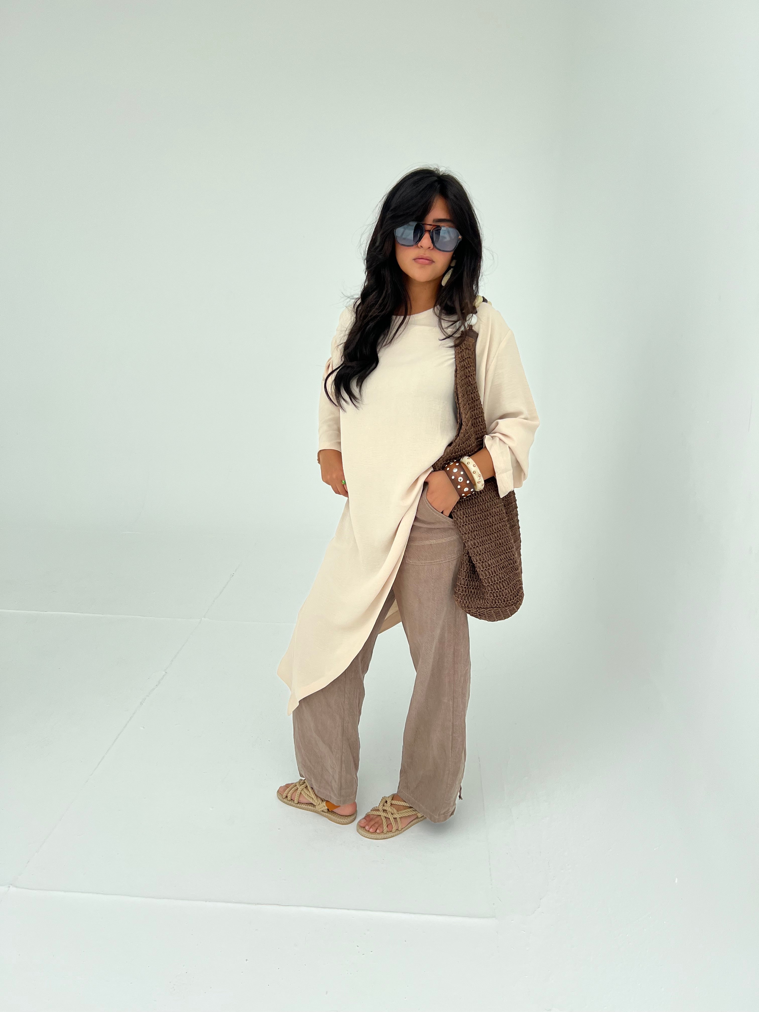 Cream Asymmetric Long Top