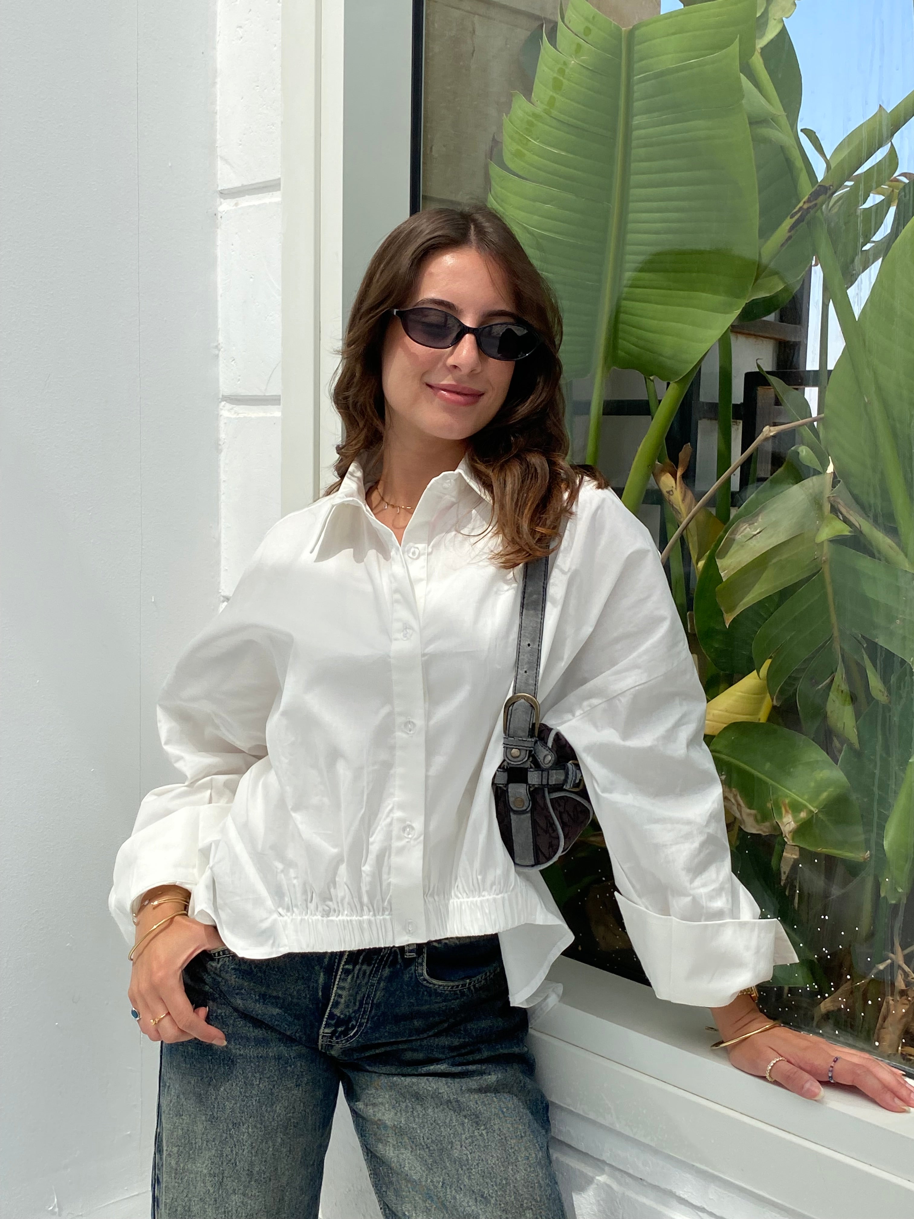White oversized shirt with gathered waist