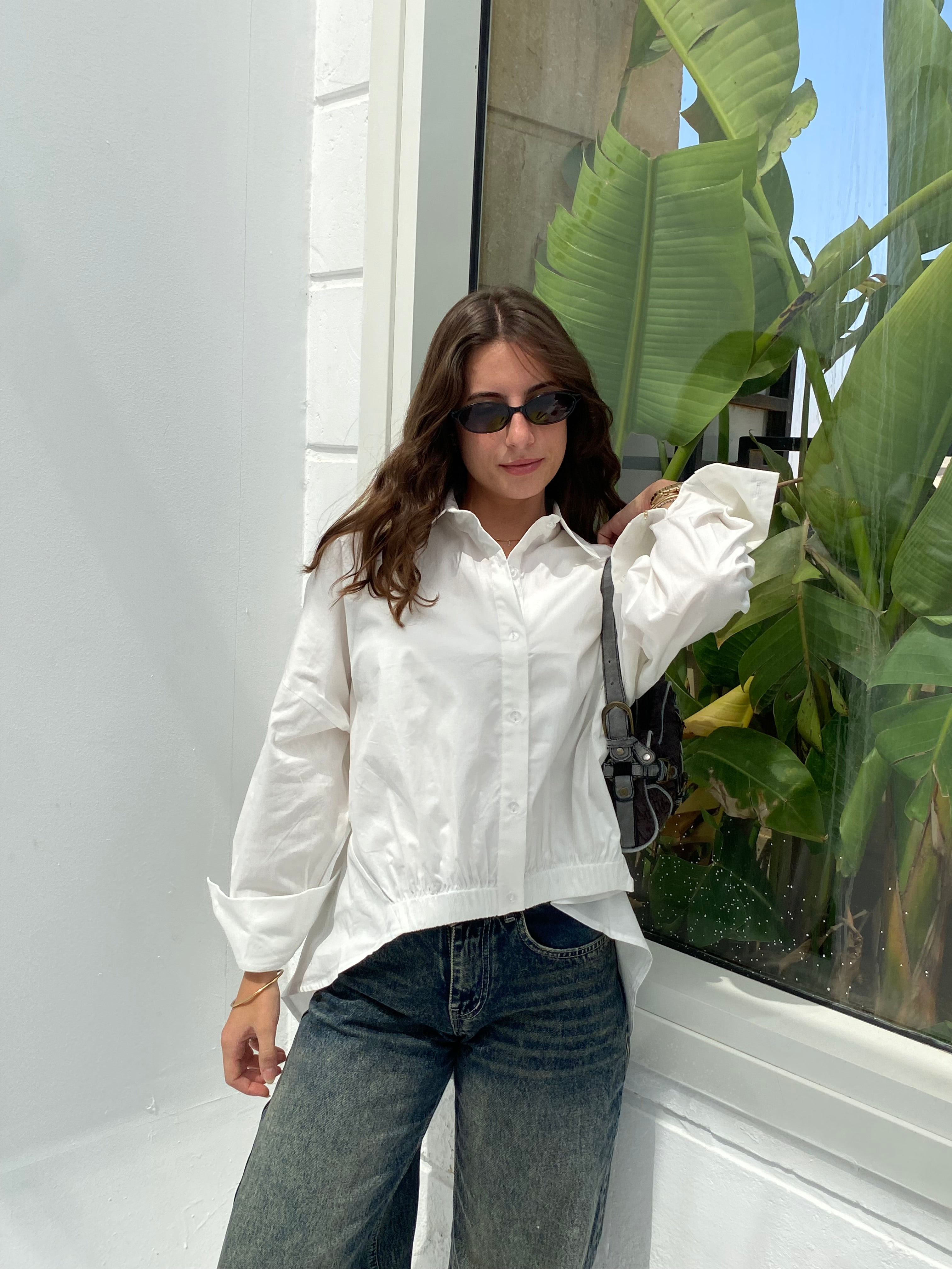 White oversized shirt with gathered waist