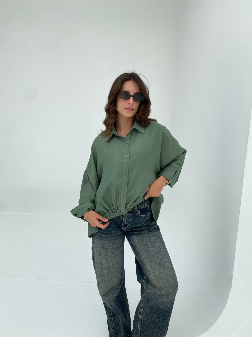 Olive oversized shirt with gathered waist