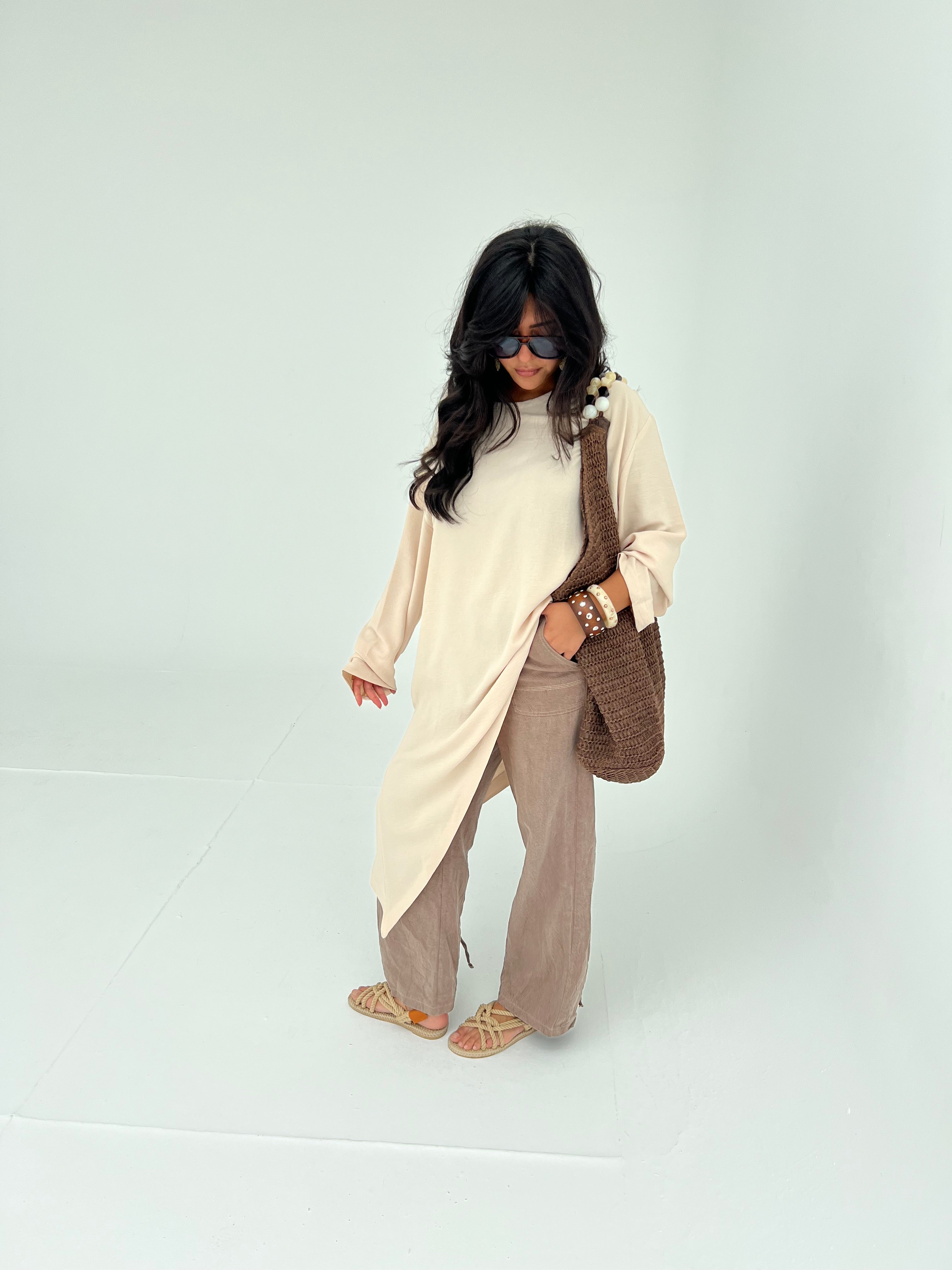 Cream Asymmetric Long Top