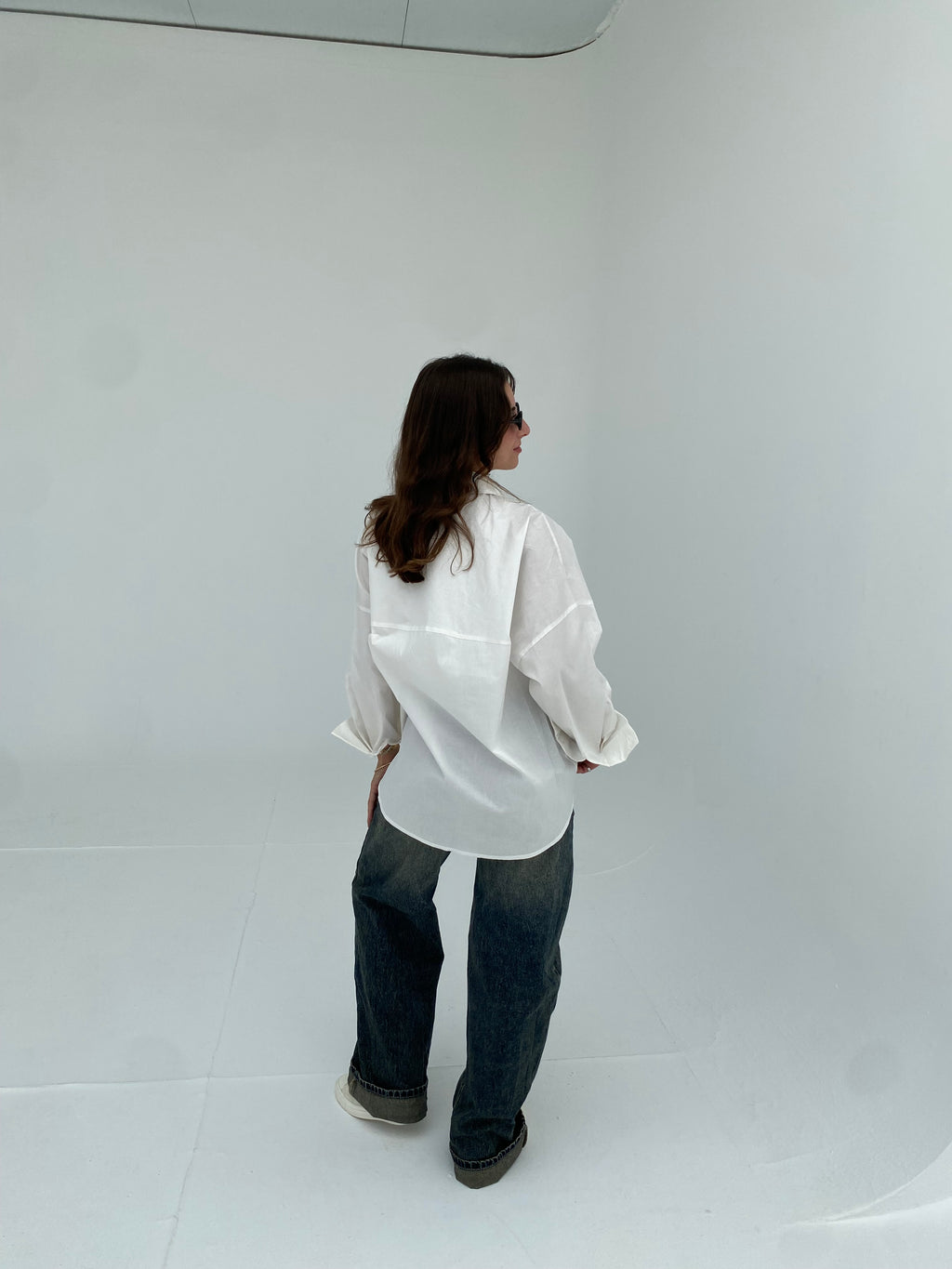 White oversized shirt with gathered waist