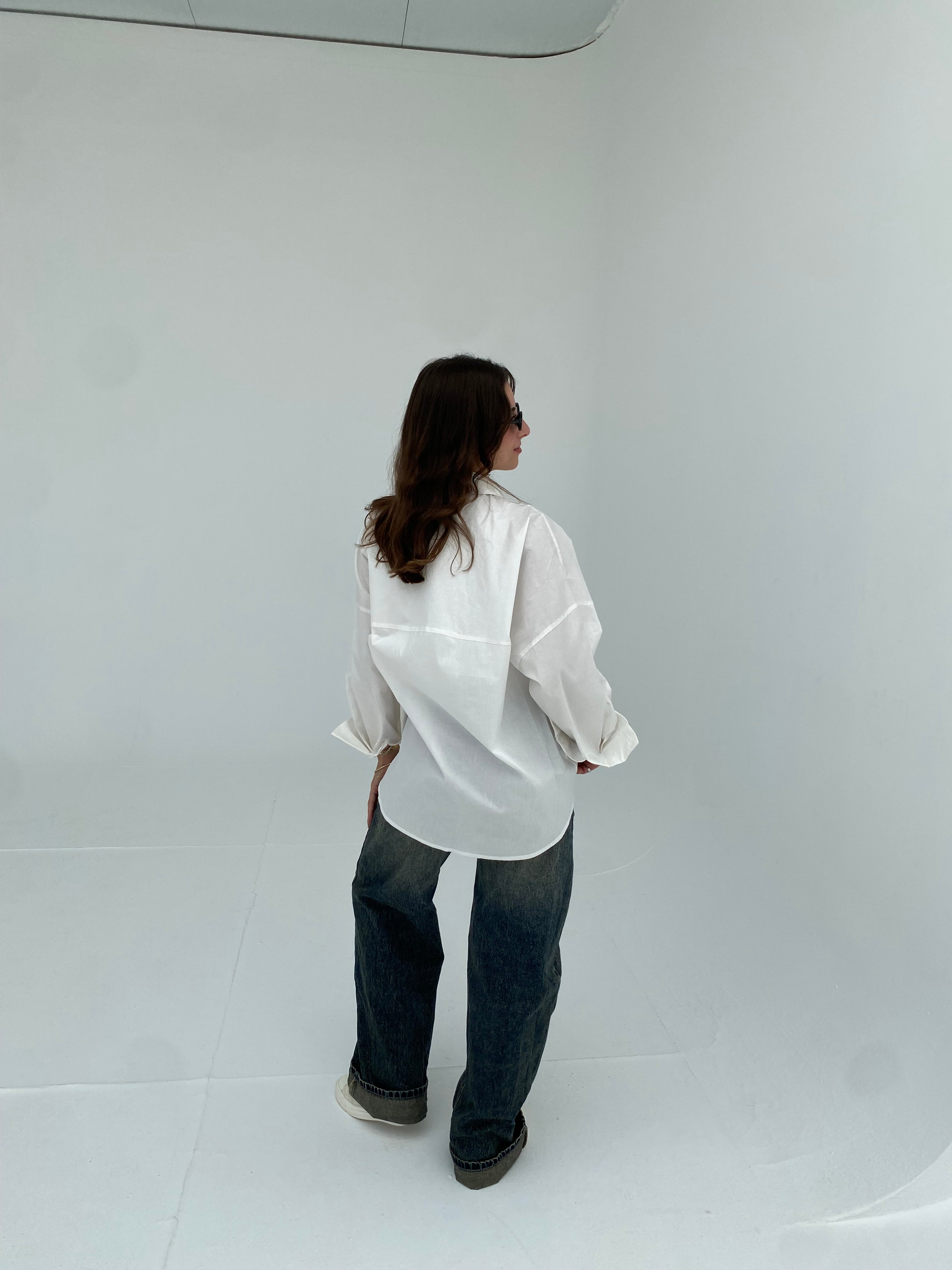 White oversized shirt with gathered waist